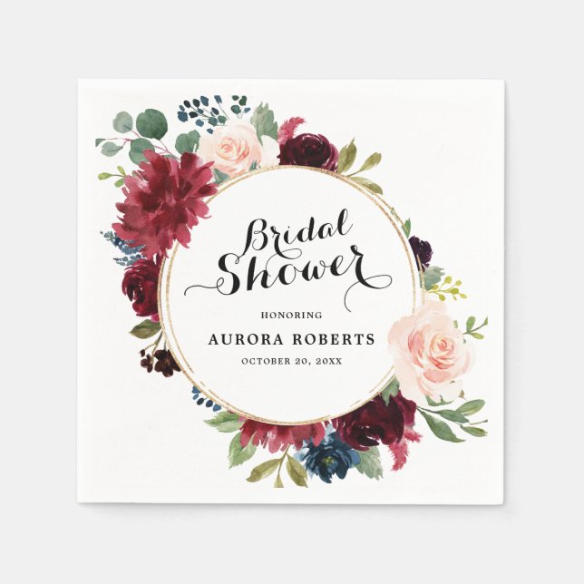 Burgundy Red Navy Blush Floral Bridal Shower paper Napkin (Front)