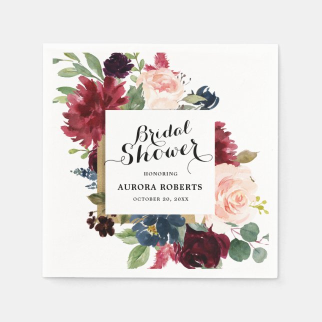 Burgundy Red Navy Blush Floral Bridal Shower paper Napkin (Front)