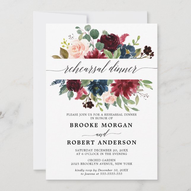 Burgundy Red Navy Blush Floral Rehearsal dinner Invitation (Front)