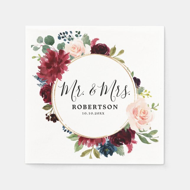 Burgundy Red Navy Blush Floral Rustic Boho Paper Napkin (Front)