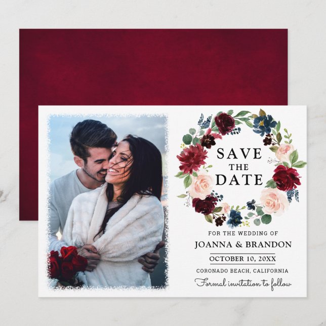 Burgundy Red Navy Blush Floral Save the Date Invitation (Front/Back)
