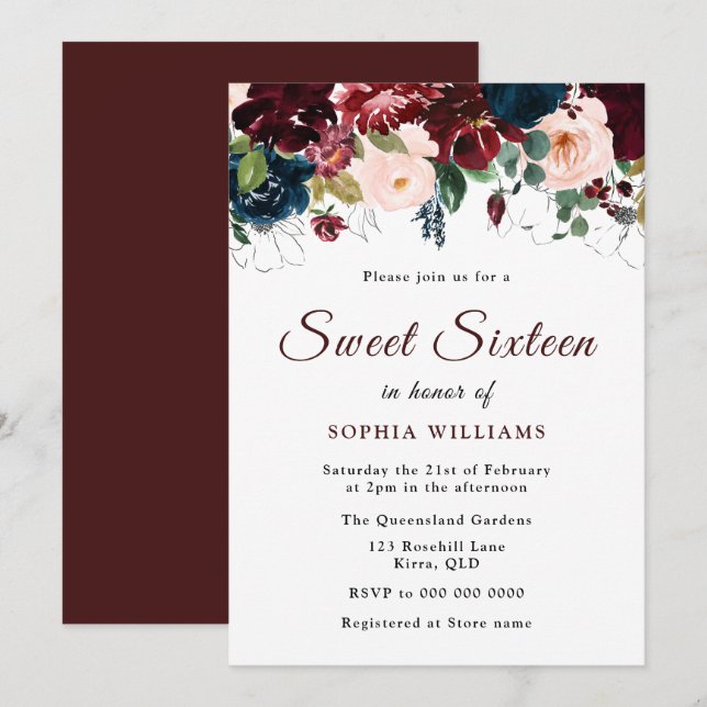 Burgundy Red, Navy Blush Floral Sweet 16 Party Invitation (Front/Back)