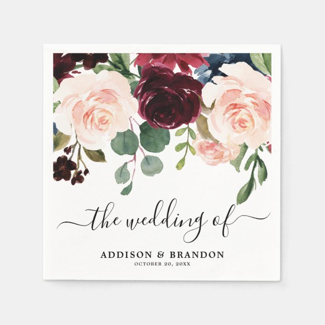 Burgundy Red Navy Blush Floral Wedding paper Napkin (Front)