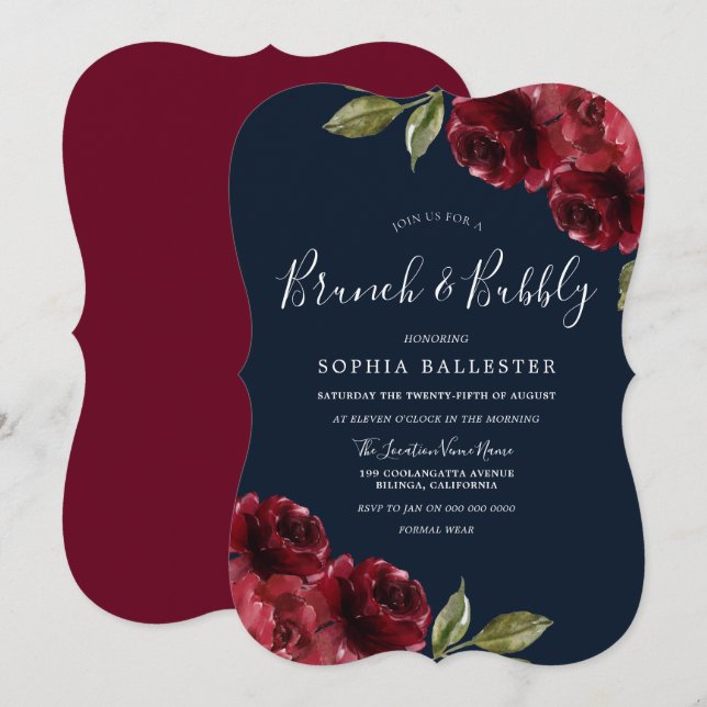 Burgundy Red & Navy Brunch & Bubbly Bridal Shower Invitation (Front/Back)