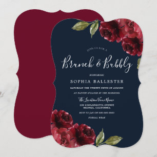 Burgundy Red & Navy Brunch & Bubbly Bridal Shower Invitation