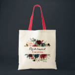 Burgundy Red Navy Floral Boho Bridesmaid gift Tote Bag<br><div class="desc">Watercolor Burgundy Red Navy Floral Rustic Boho Wedding / bridal shower bridesmaid gift tote bag. Perfect for a fall / midsummer wedding. The design features a stunning bouquet of burgundy / Marsala , peach , navy flowers with matching leaves. Please find more matching designs and variations in my "blissweddingpaperie" store....</div>
