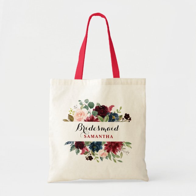 Burgundy Red Navy Floral Boho Bridesmaid gift Tote Bag (Front)