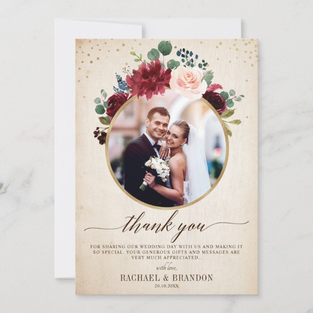 Burgundy Red Navy Floral Boho Wedding photo Thank You Card (Front)
