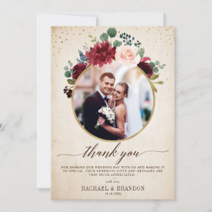 Burgundy Red Navy Floral Boho Wedding photo Thank You Card