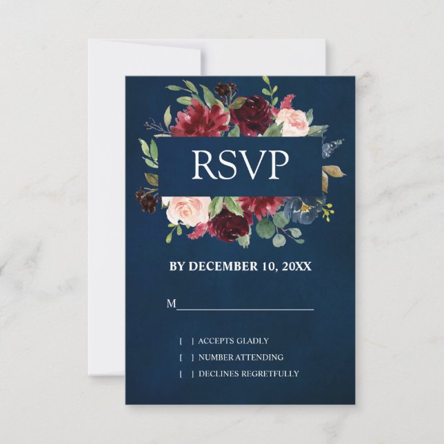 Burgundy Red Navy Floral Boho Wedding RSVP (Front)