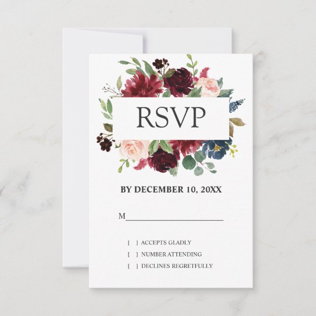 Burgundy Red Navy Floral Boho Wedding RSVP Card (Front)