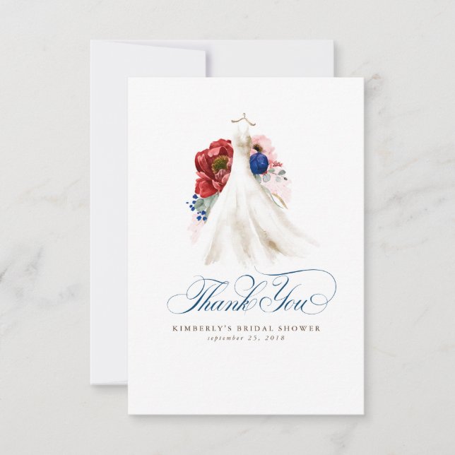 Burgundy Red Navy Floral Bridal Shower Thank You Card (Front)