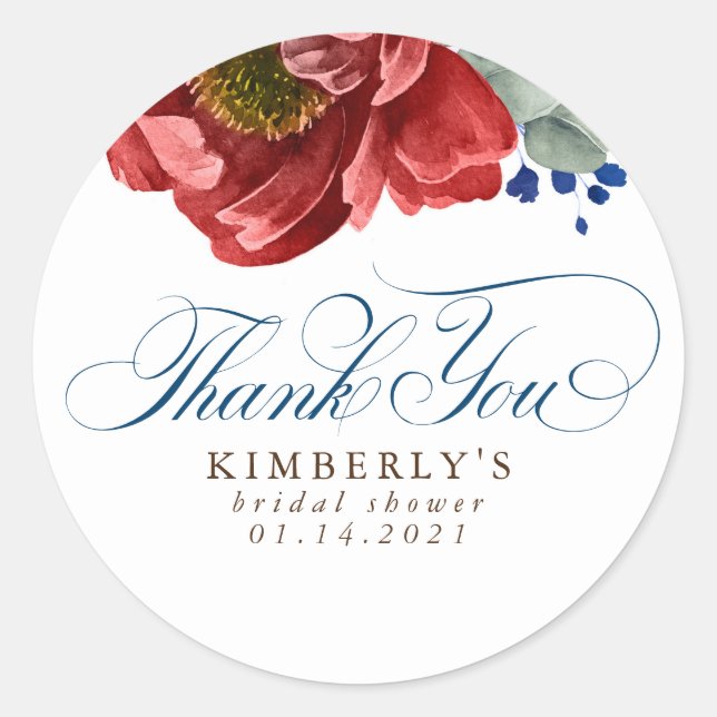 Burgundy Red Navy Floral Bridal Shower Thank You Classic Round Sticker (Front)