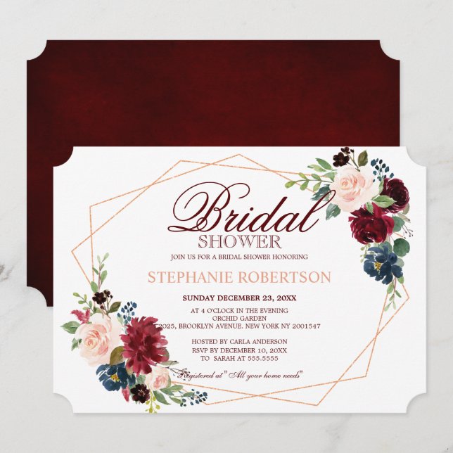 Burgundy Red Navy Floral Geometric Bridal Shower Invitation (Front/Back)
