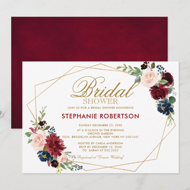 Burgundy Red Navy Floral Geometric Bridal Shower Invitation (Front/Back)