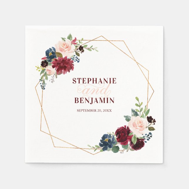 Burgundy Red Navy Floral Geometric Paper Napkin (Front)