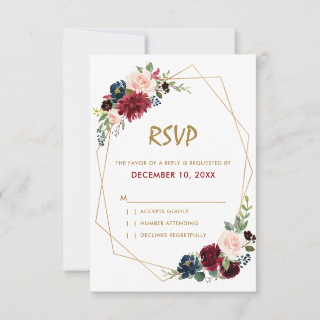 Burgundy Red Navy Floral Geometric RSVP card (Front)