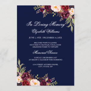Burgundy Red Navy Floral Memorial Service Invitation