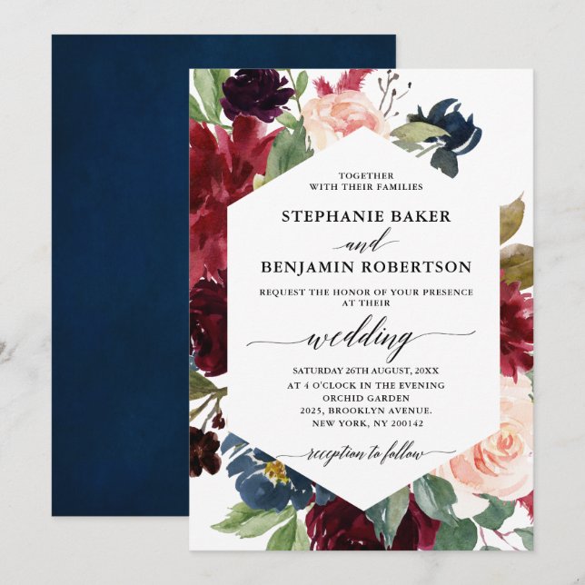 Burgundy Red Navy Floral modern geometric wedding Invitation (Front/Back)