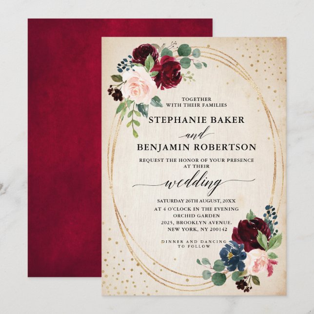 Burgundy Red Navy Floral modern geometric wedding Invitation (Front/Back)