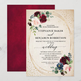 Burgundy Red Navy Floral modern geometric wedding Invitation