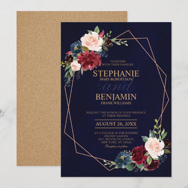 Burgundy Red Navy Floral modern geometric wedding Invitation (Front/Back)