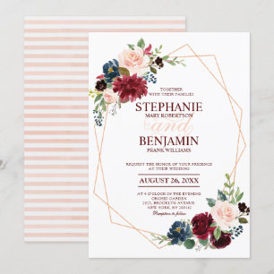 Burgundy Red Navy Floral modern geometric wedding Invitation