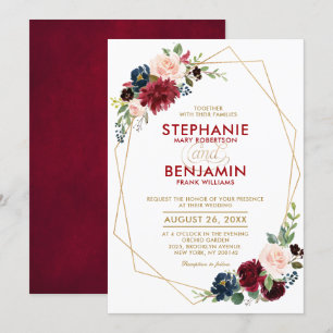 Burgundy Red Navy Floral modern geometric wedding Invitation