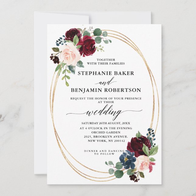 Burgundy Red Navy Floral modern geometric wedding Invitation (Front)