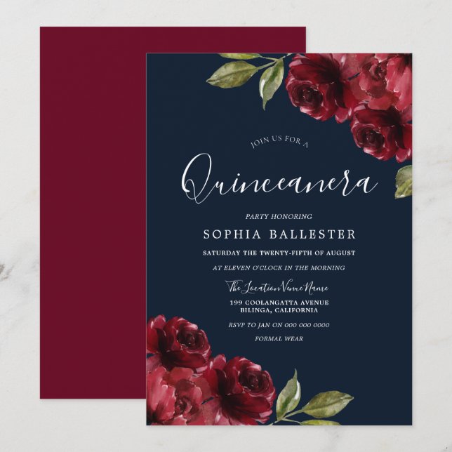 Burgundy Red & Navy Floral Quinceanera 15th Party Invitation (Front/Back)