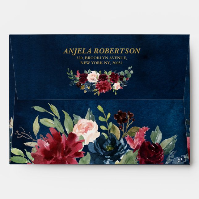 Burgundy Red Navy Floral Return Address Envelope (Back (Top Flap))