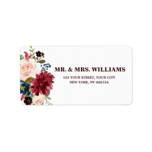 Burgundy Red Navy Floral Rustic Boho Address Label