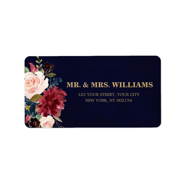 Burgundy Red Navy Floral Rustic Boho Address Label (Front)