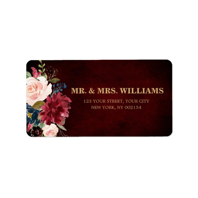 Burgundy Red Navy Floral Rustic Boho Address Label (Front)