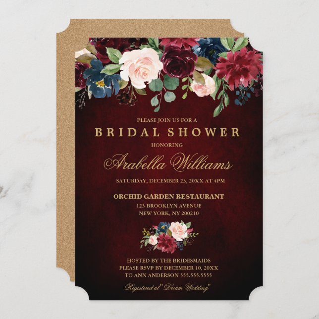 Burgundy Red Navy Floral Rustic Boho Bridal Shower Invitation (Front/Back)