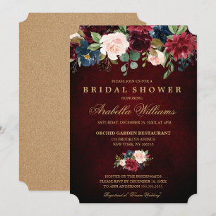 Burgundy Red Navy Floral Rustic Boho Bridal Shower Invitation