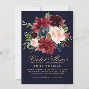 Burgundy Red Navy Floral Rustic Boho Bridal Shower Invitation