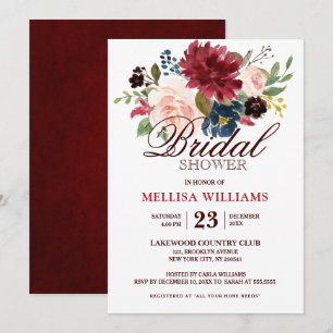 Burgundy Red Navy Floral Rustic Boho Bridal Shower Invitation