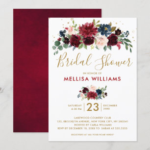 Burgundy Red Navy Floral Rustic Boho Bridal Shower Invitation