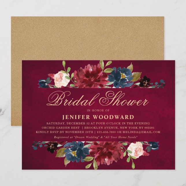 Burgundy Red Navy Floral Rustic Boho Bridal Shower Invitation (Front/Back)