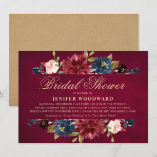 Burgundy Red Navy Floral Rustic Boho Bridal Shower Invitation