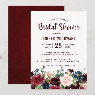 Burgundy Red Navy Floral Rustic Boho Bridal Shower Invitation