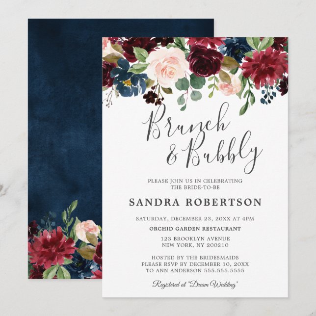Burgundy Red Navy Floral Rustic Boho Bridal Shower Invitation (Front/Back)