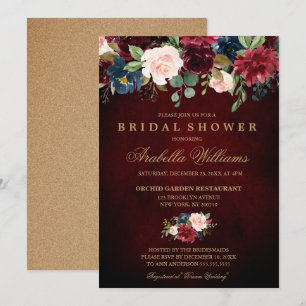 Burgundy Red Navy Floral Rustic Boho Bridal Shower Invitation