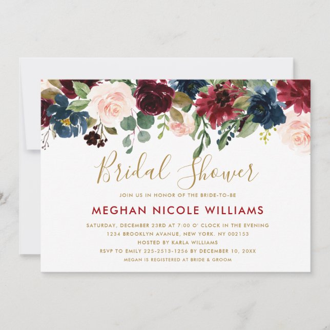 Burgundy Red Navy Floral Rustic Boho Bridal Shower Invitation (Front)
