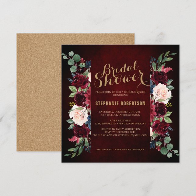 Burgundy Red Navy Floral Rustic Boho Bridal Shower Invitation (Front/Back)