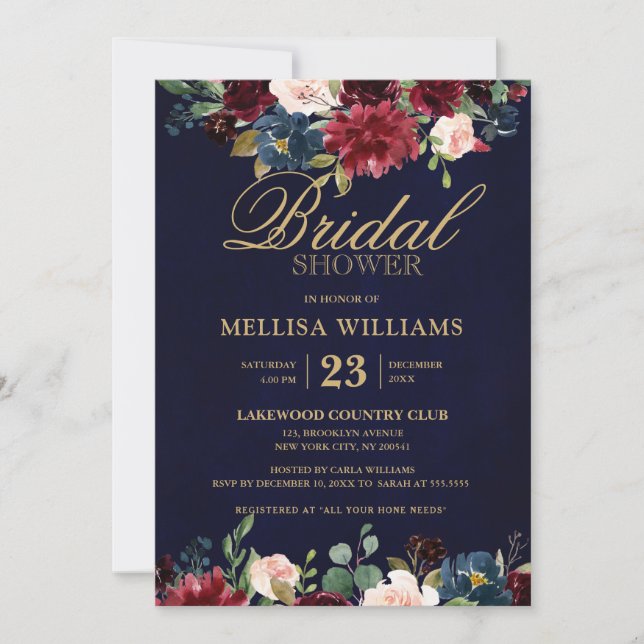 Burgundy Red Navy Floral Rustic Boho Bridal Shower Invitation (Front)
