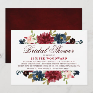 Burgundy Red Navy Floral Rustic Boho Bridal Shower Invitation