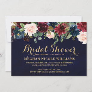 Burgundy Red Navy Floral Rustic Boho Bridal Shower Invitation