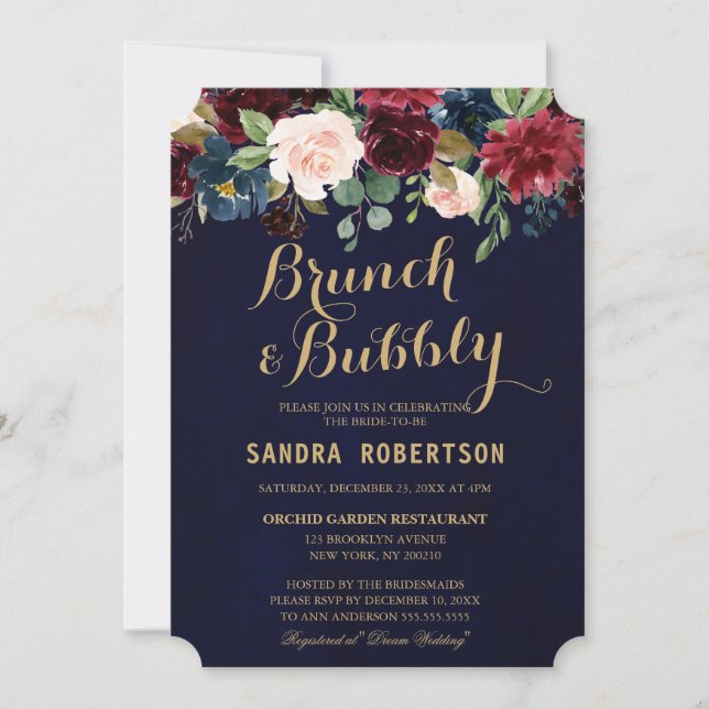 Burgundy Red Navy Floral Rustic Boho Bridal Shower Invitation (Front)